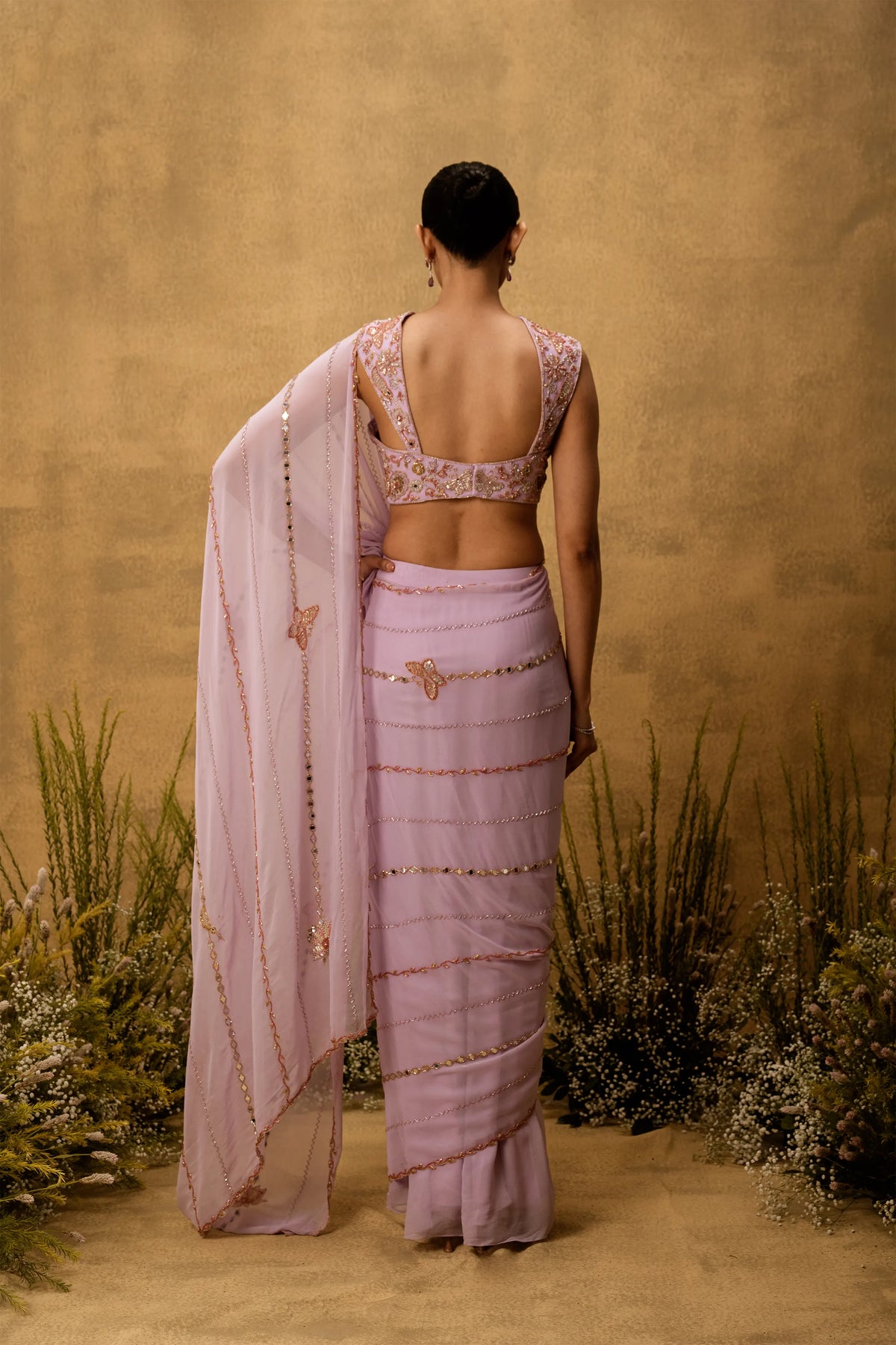 Lilac georgette Pre-stitched hand embroidered Georgette saree set