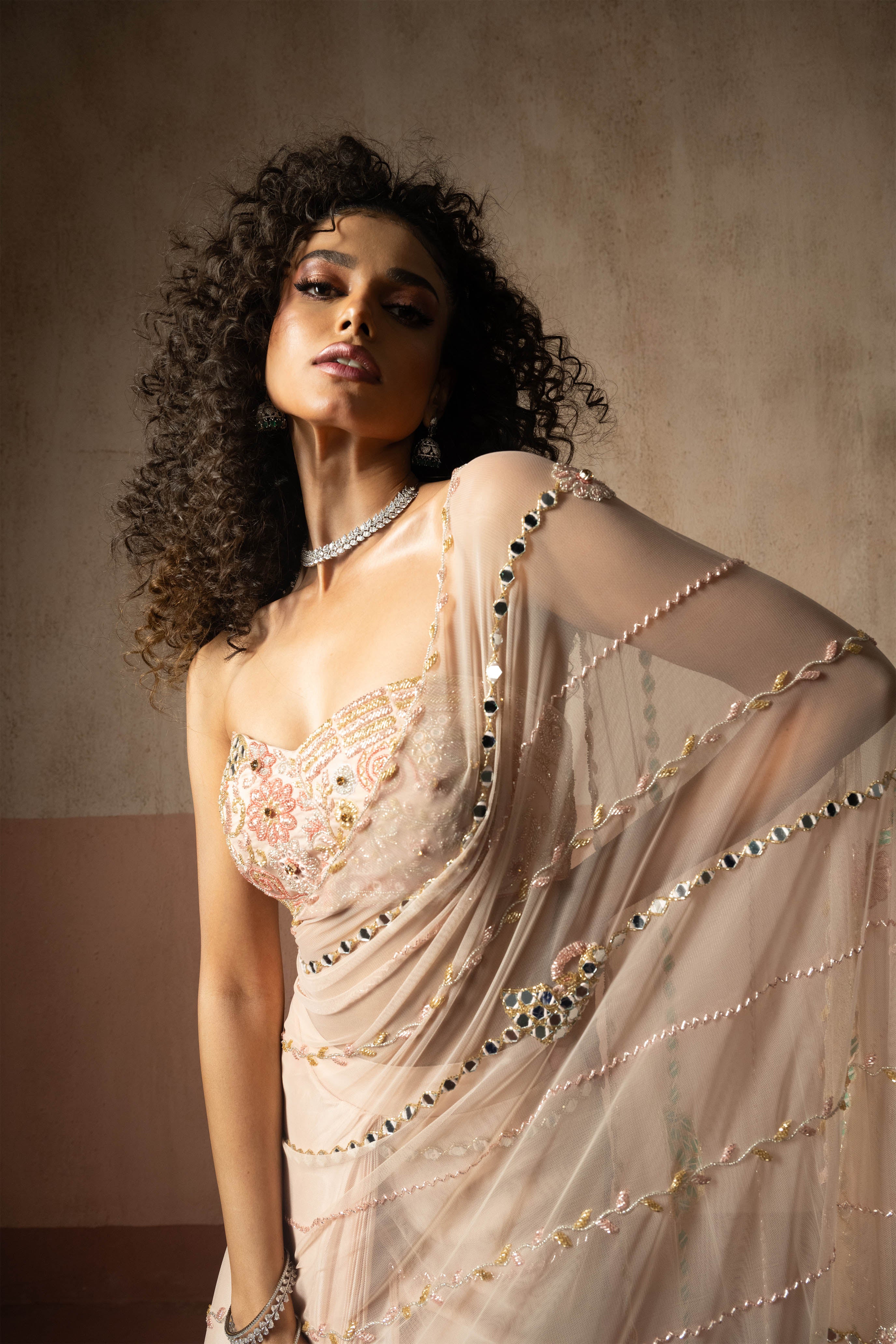 Predraped, Baby Pink,  Hand Embroidered Net & Satin Saree