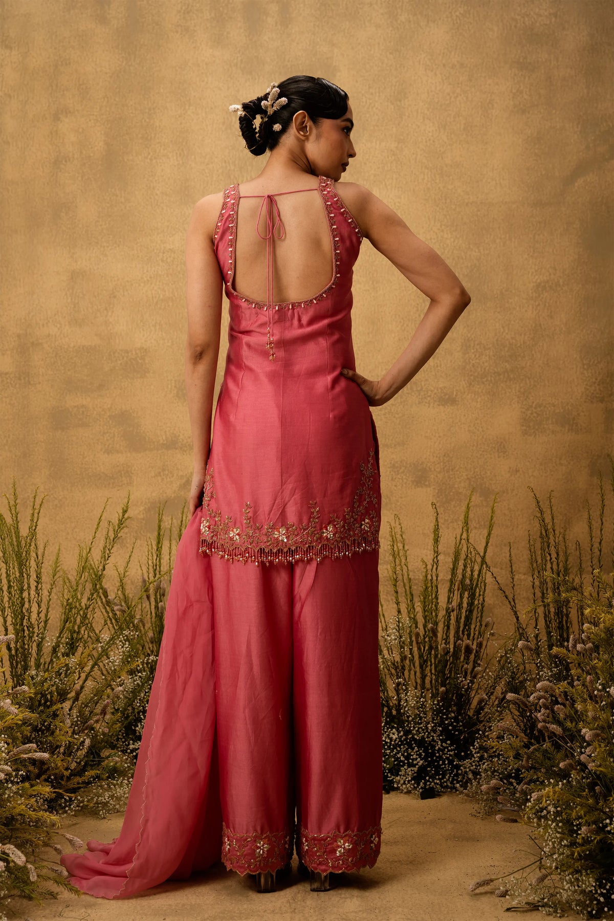 Pink hand embroidered chanderi silk suit set with organza dupatta