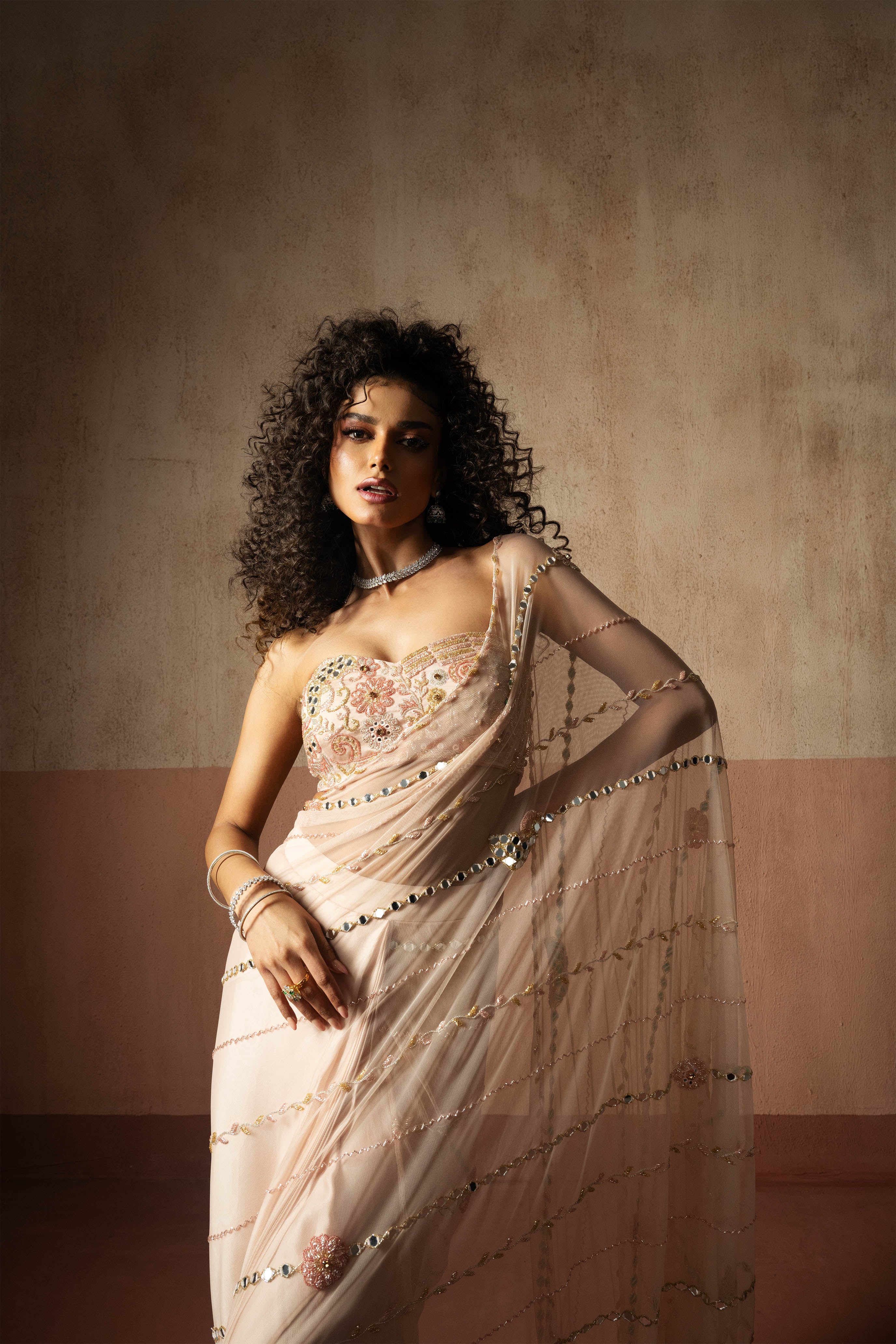 Predraped, Baby Pink,  Hand Embroidered Net & Satin Saree
