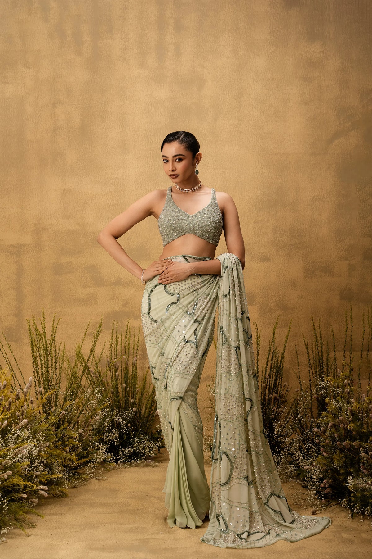 Mint green Pre-stitched hand embroidered georgette saree set