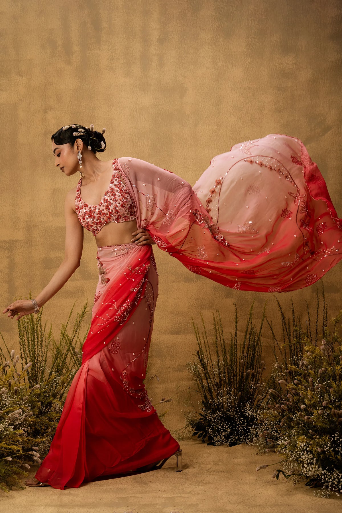 Pink ombre Pre-stitched hand embroidered organza saree set